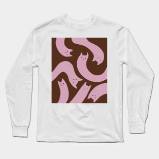 cat pattern aesthetic illustration pink brown Long Sleeve T-Shirt